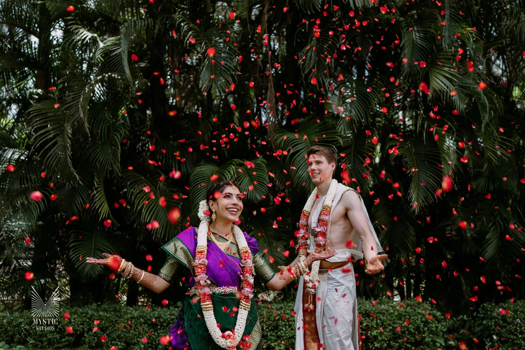 couple photo of South Indian wedding in Chennai Radisson Blu resort with bespoke details by Mystic Studios
