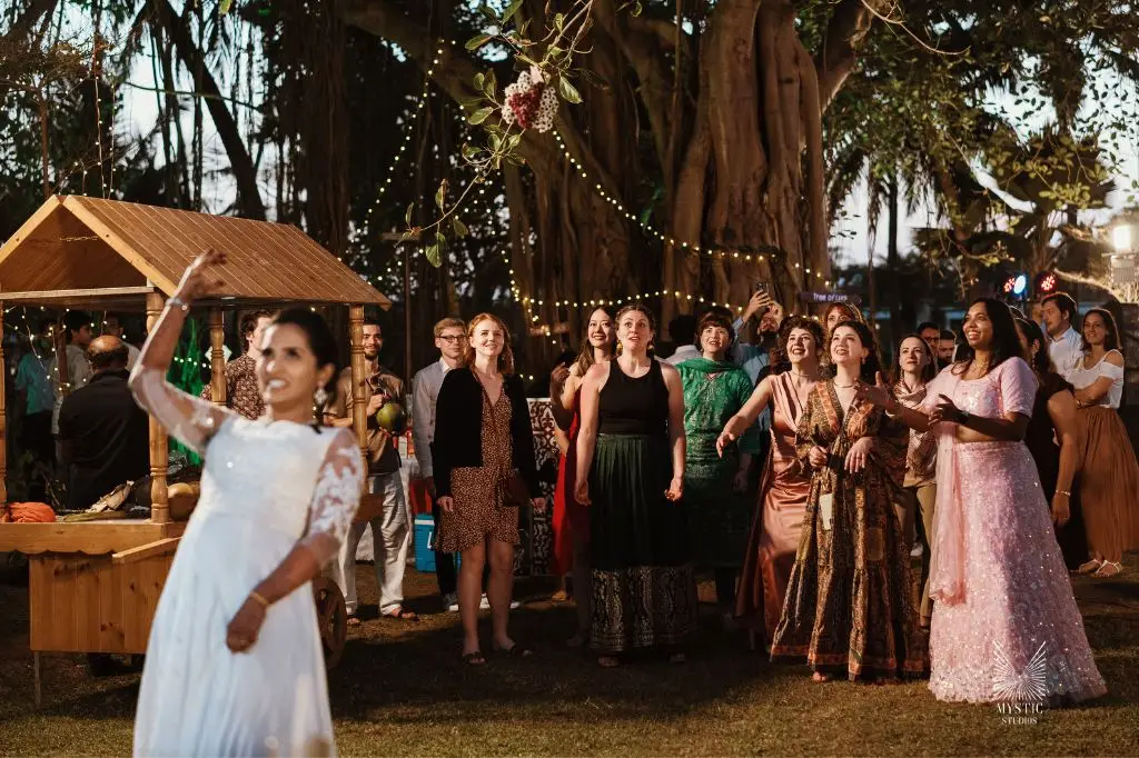 Destination wedding in Chennai beach, Family blessings and candid laughter highlighted with cultural authenticity by Mystic Studios