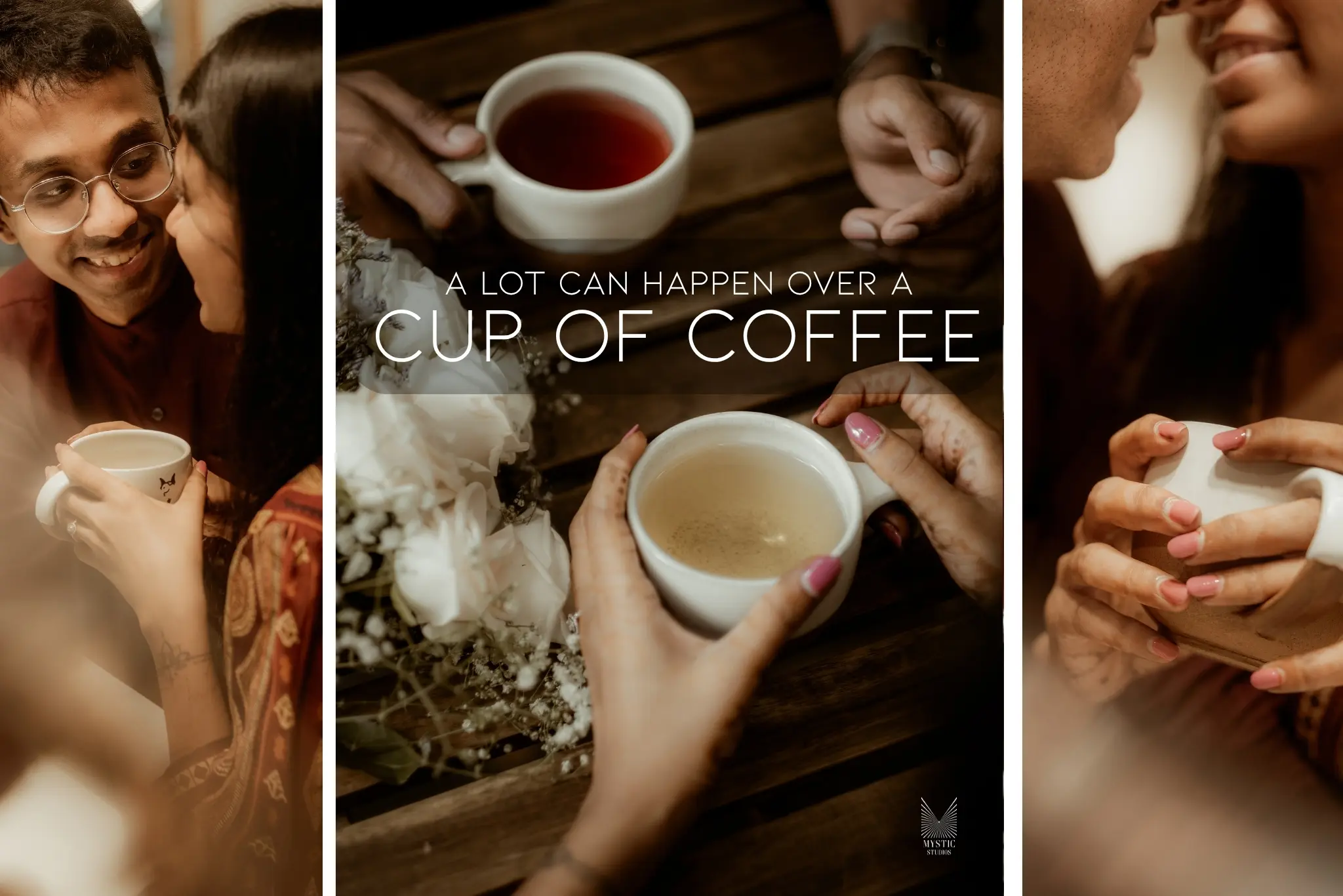 Couple sharing coffee during cozy pre-wedding shoot at a warm café.