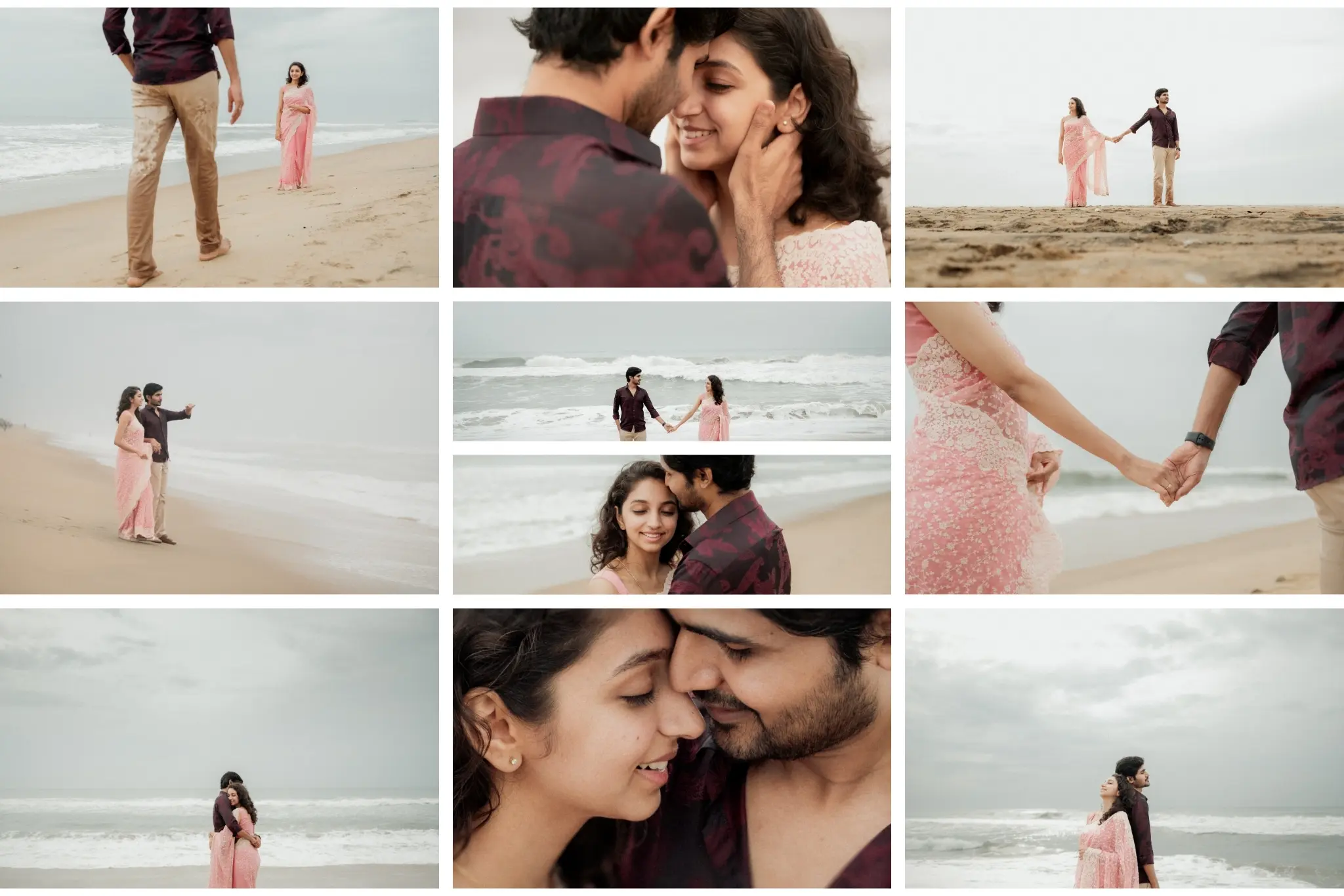 Couple walking hand-in-hand on misty beach under soft clouds.