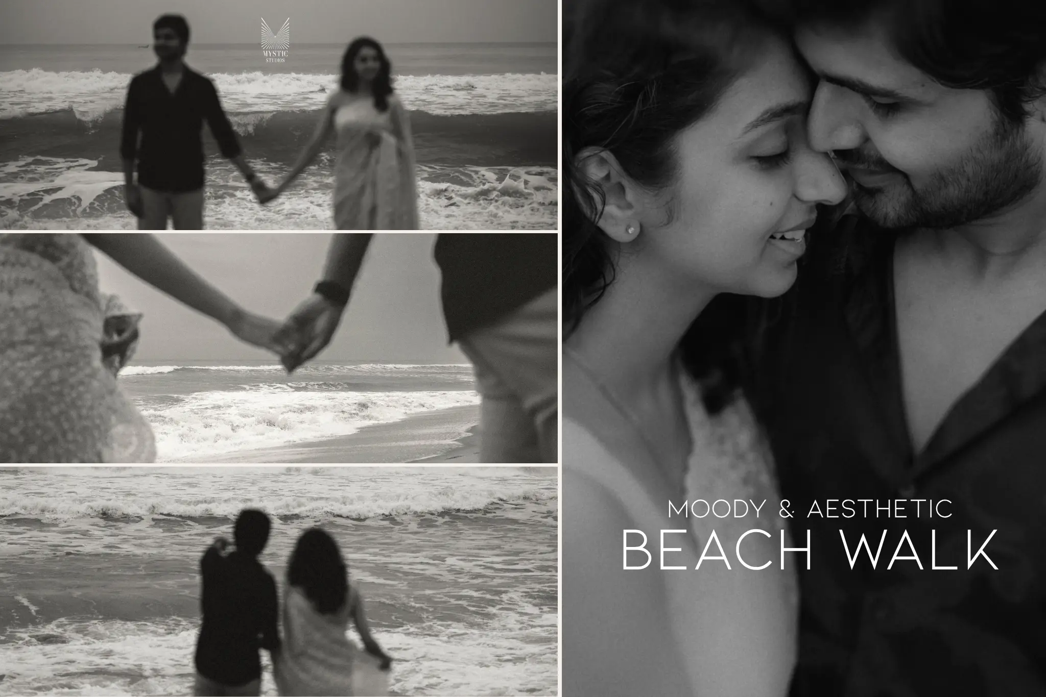 Windy coastal pre-wedding shoot with waves and overcast light.