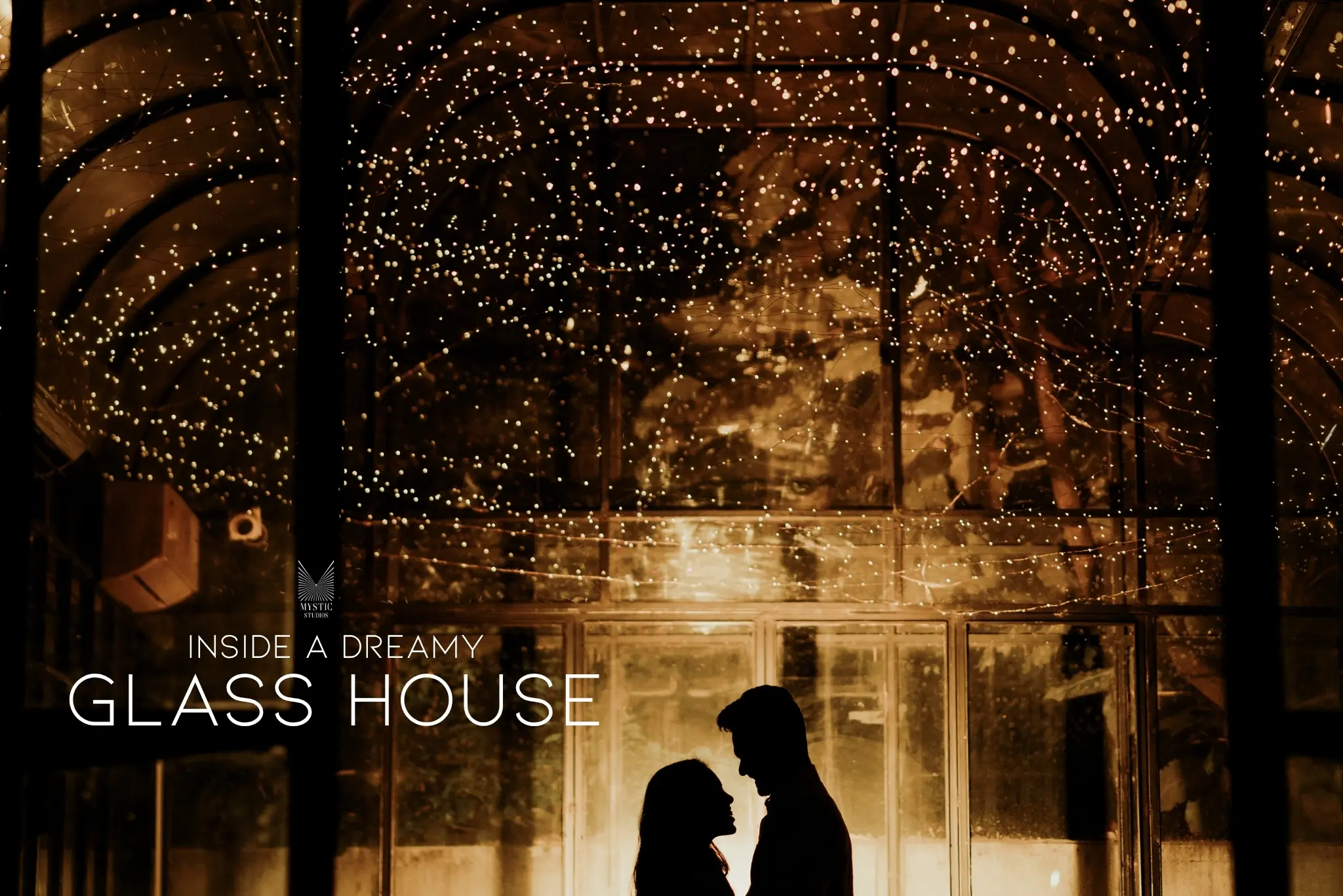 Editorial-style glass-house pre-wedding shoot by Mystic Studios.