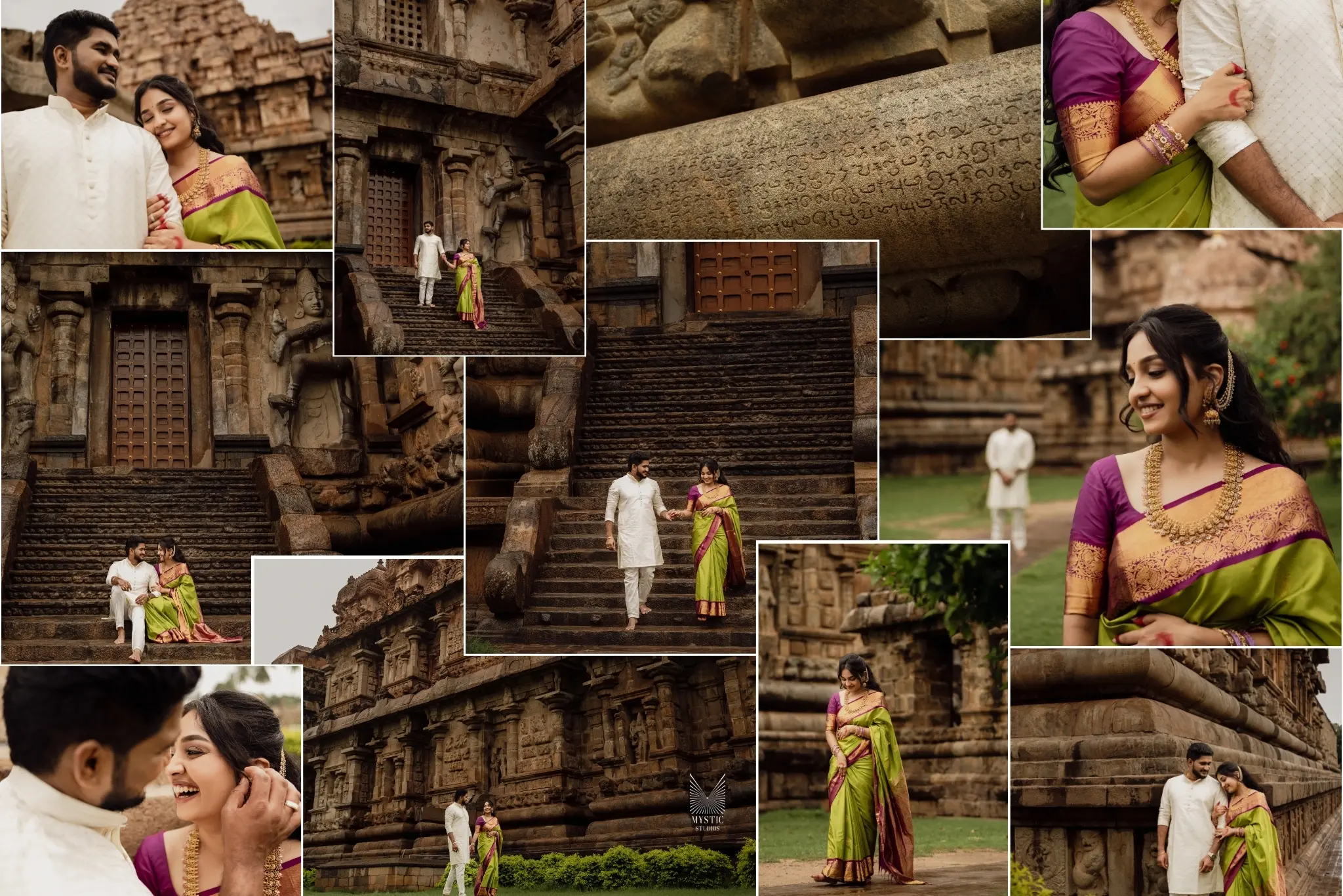Heritage-inspired wedding portraits in temple corridors.