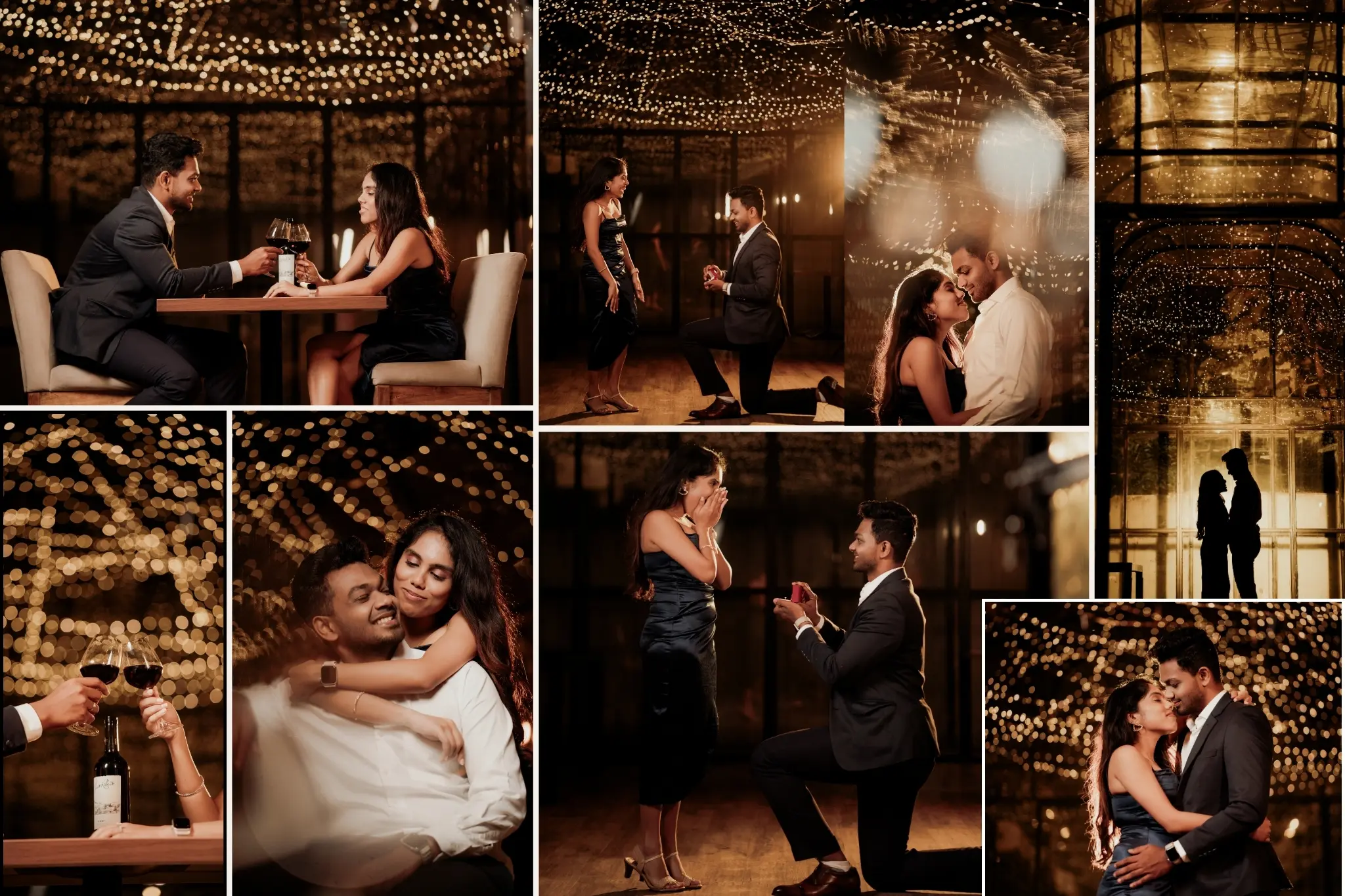 Couple framed by reflections and natural light in dreamy glass space