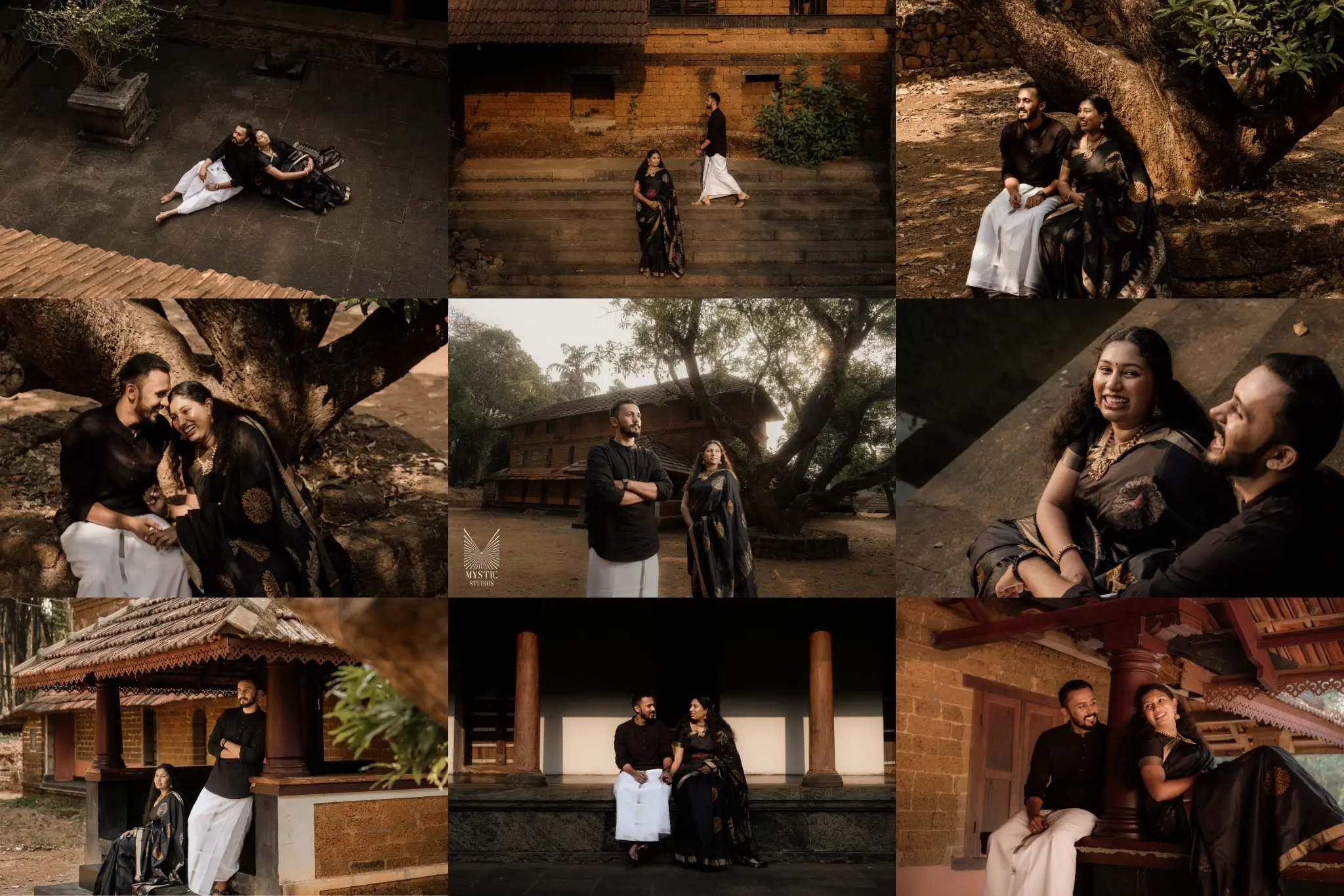 Traditional Kerala home pre-wedding photo with heritage interiors.