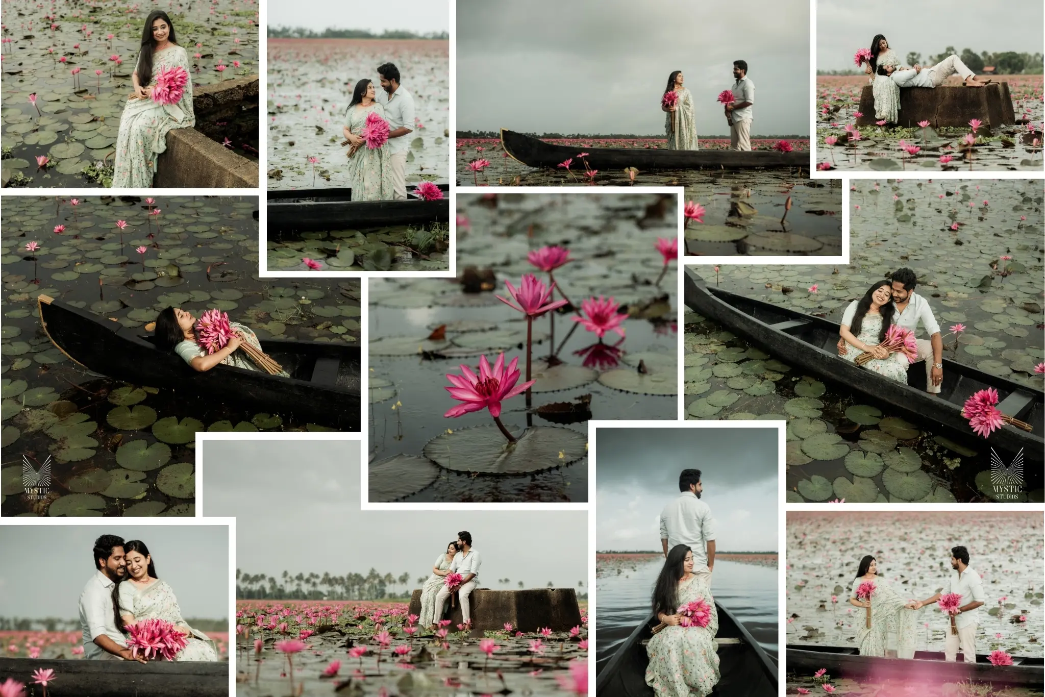Romantic pre-wedding shoot among lotus blooms and still waters.