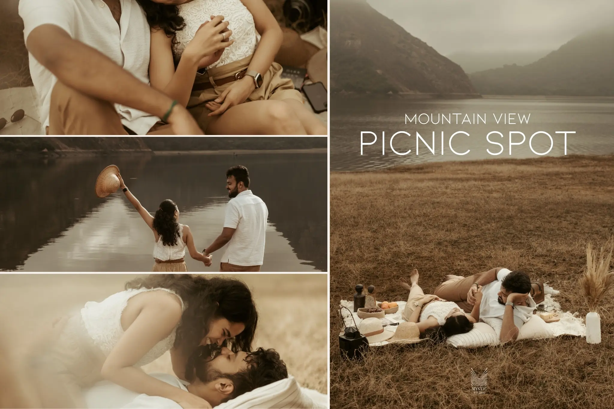 Couple beside calm water with misty mountain reflections.