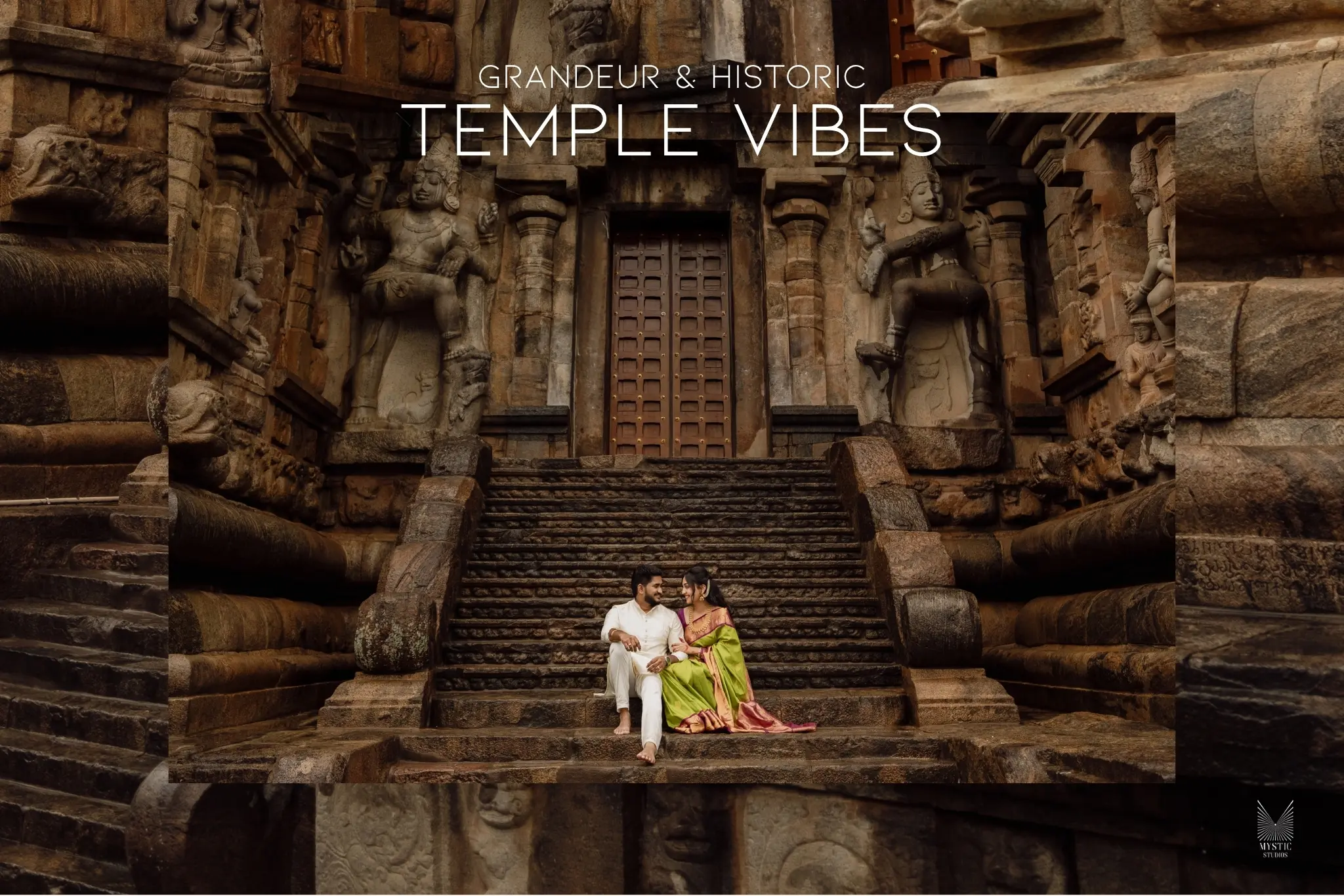 Pre-wedding shoot in ancient South Indian temple with stone carvings.