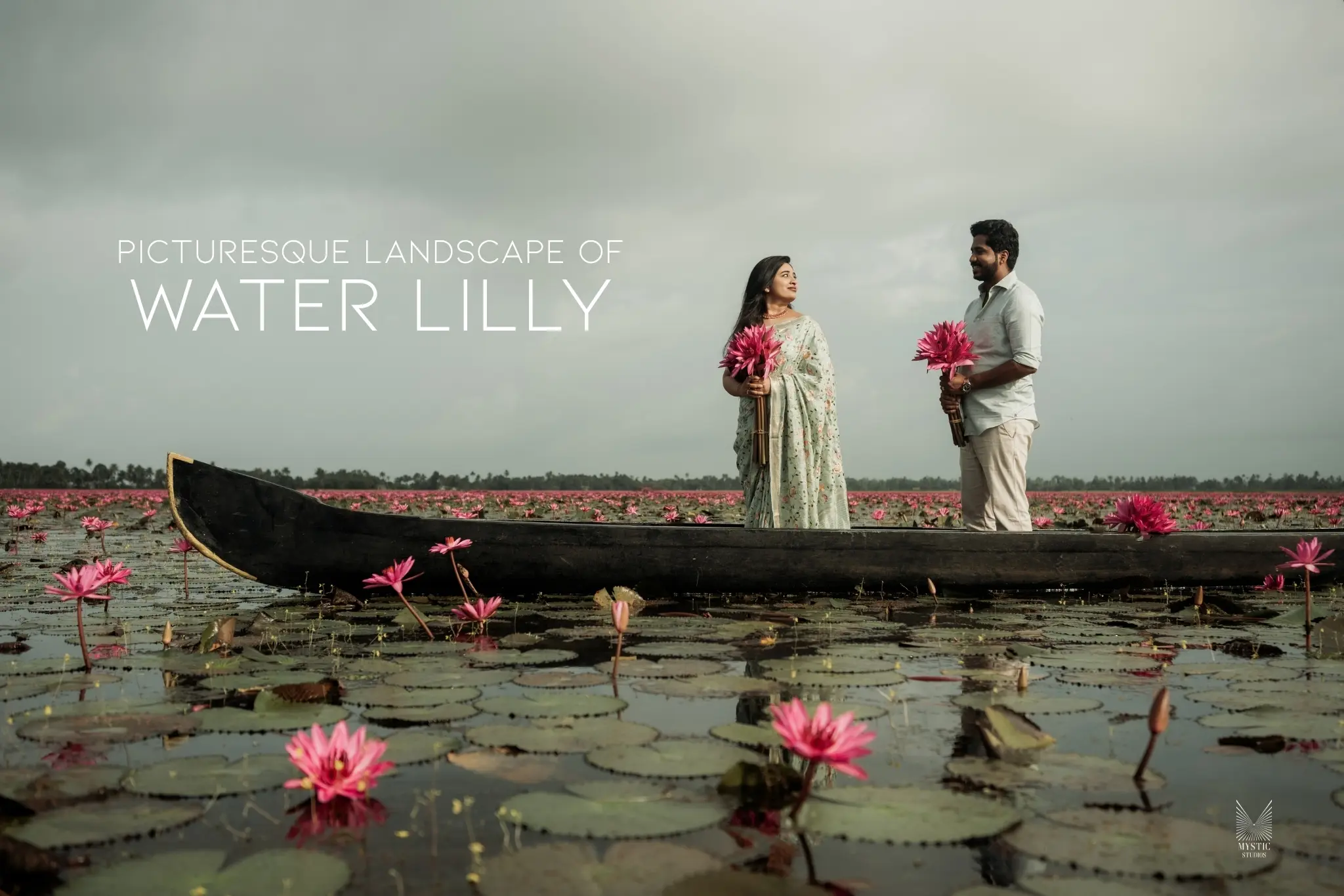 Peaceful water-garden pre-wedding photography by Mystic Studios.